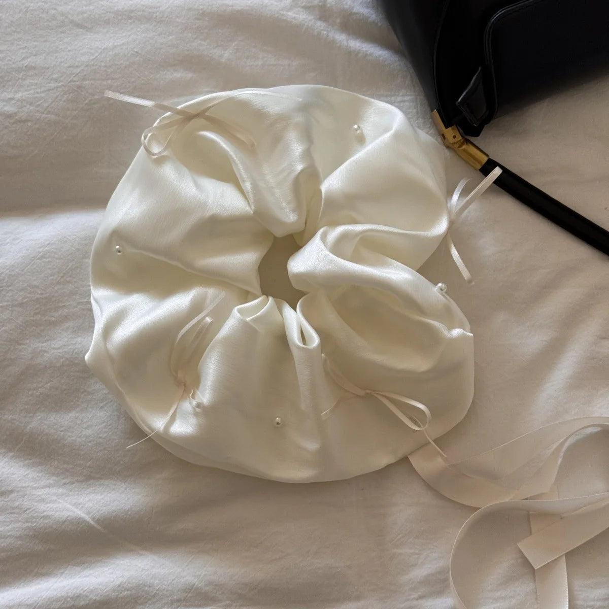 Satin Whispers – Pearl & Ribbon Oversized Scrunchie