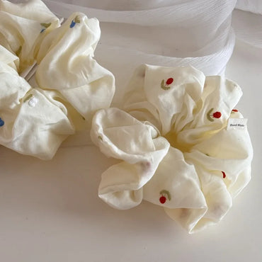 Cream Meadow – Embroidered Fluffy Scrunchie