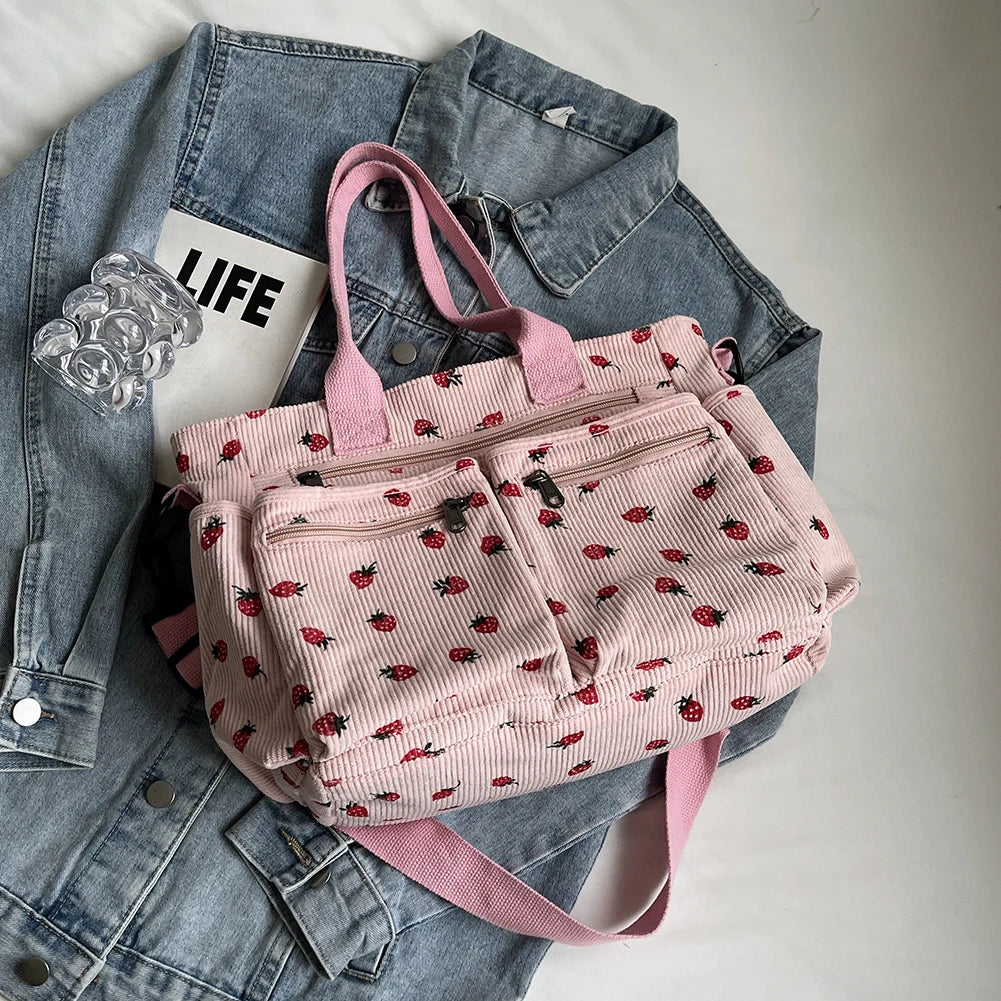 StrawBelle – Corduroy Kawaii Tote Bag