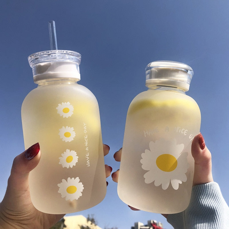 Cute Water Bottles Aesthetic Cute Water Bottles for Women Portable Kawaii  Little Daisy Frosted Glass Water Bottle with Straw Lid