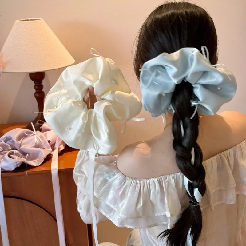 Satin Whispers – Pearl & Ribbon Oversized Scrunchie