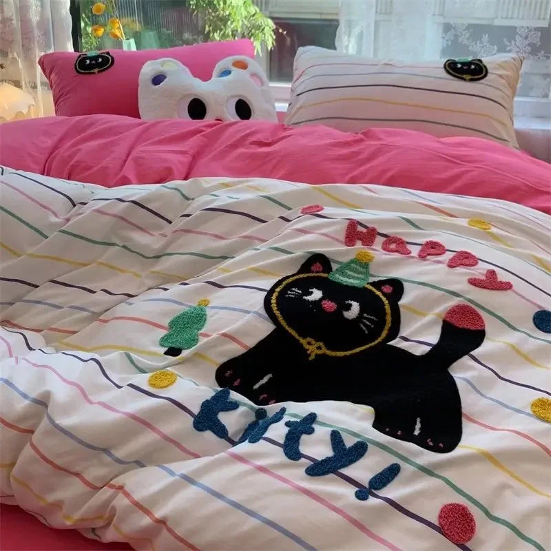 CatStripe Korean Bedding Set 4-Piece