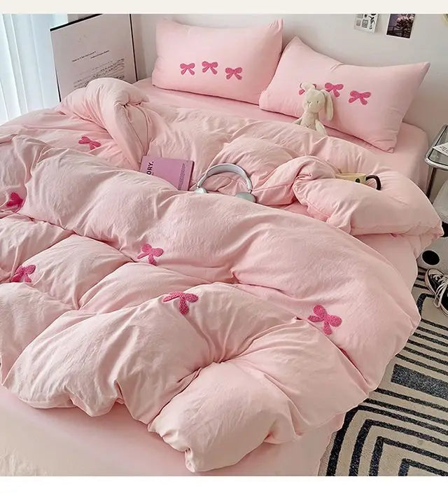 BowPink Korean Girls Bedding Set 4-Piece