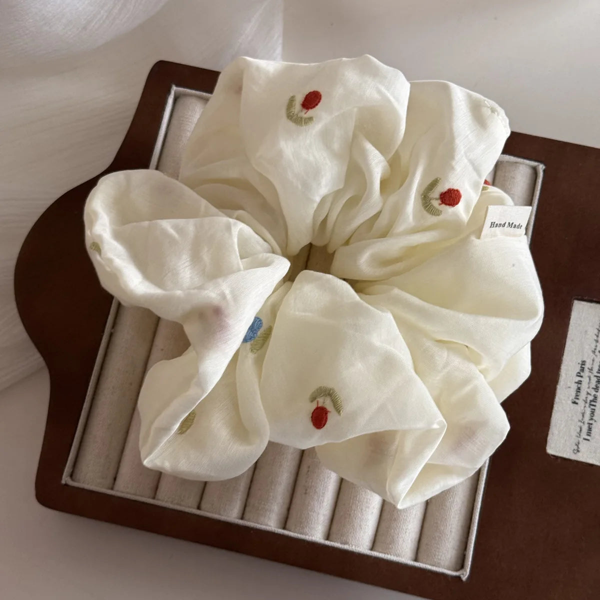 Cream Meadow – Embroidered Fluffy Scrunchie