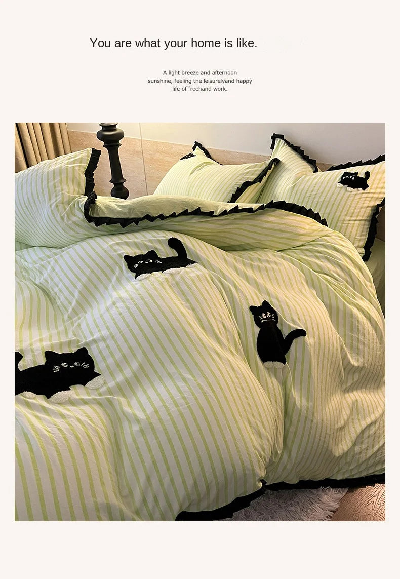 CatStripe Korean Bedding Set 4-Piece