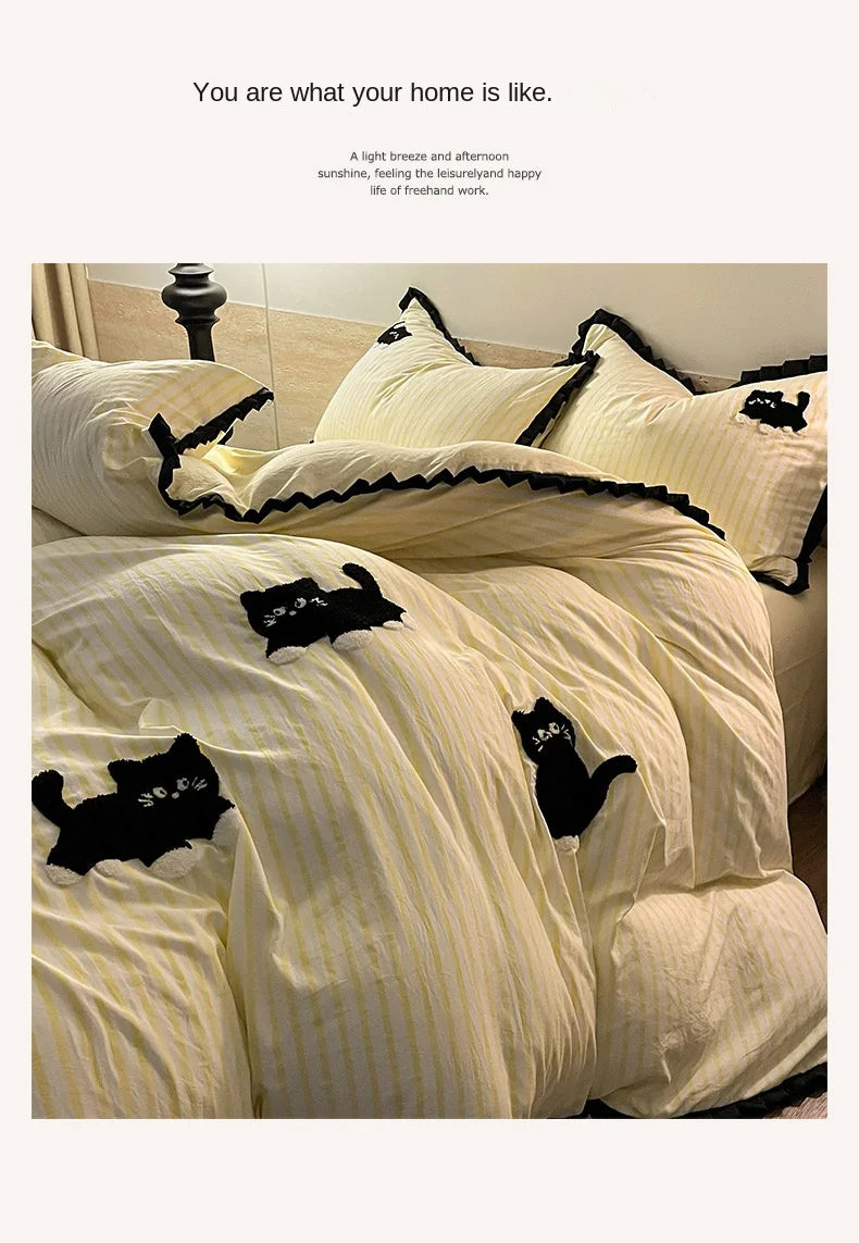 CatStripe Korean Bedding Set 4-Piece
