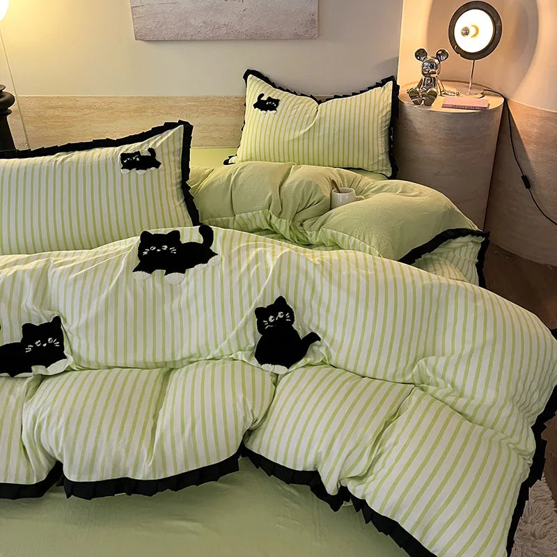 CatStripe Korean Bedding Set 4-Piece