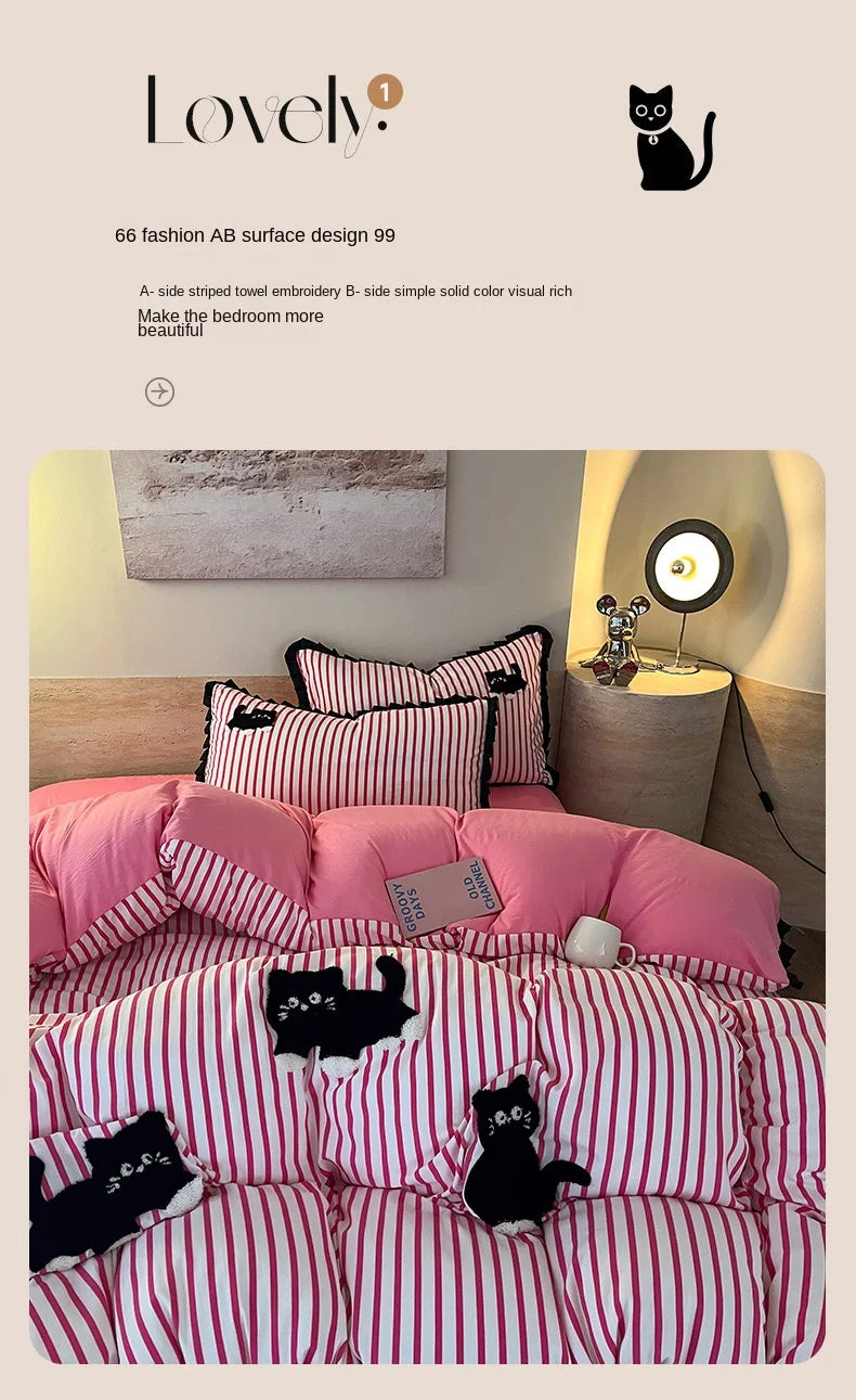 CatStripe Korean Bedding Set 4-Piece