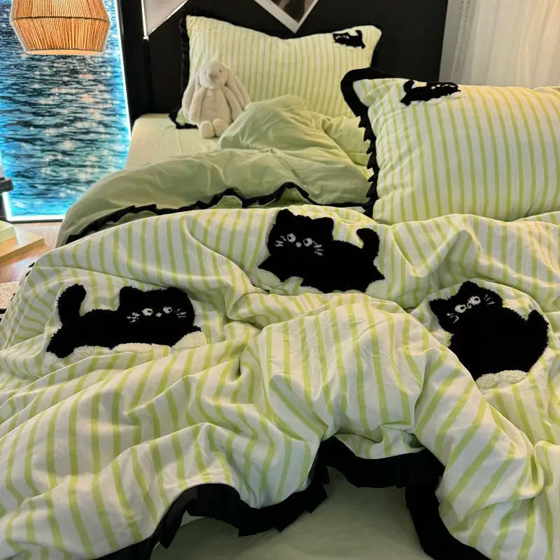 CatStripe Korean Bedding Set 4-Piece