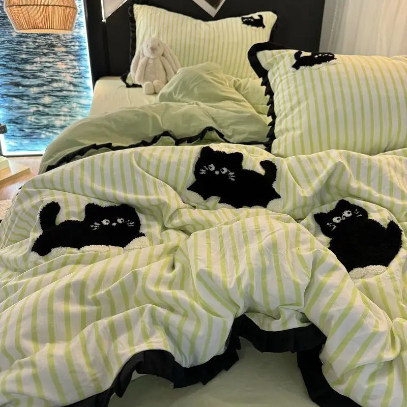 CatStripe Korean Bedding Set 4-Piece