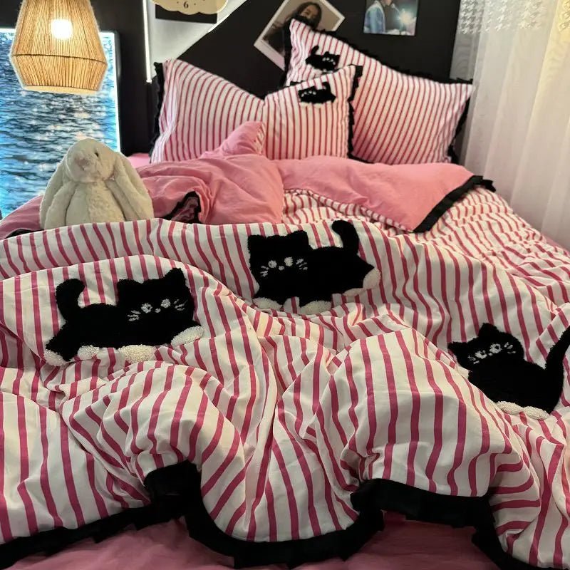 CatStripe Korean Bedding Set 4-Piece