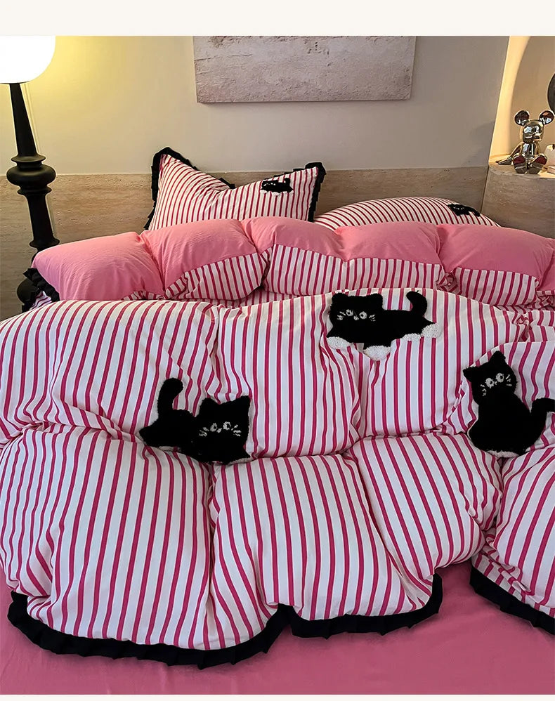 CatStripe Korean Bedding Set 4-Piece